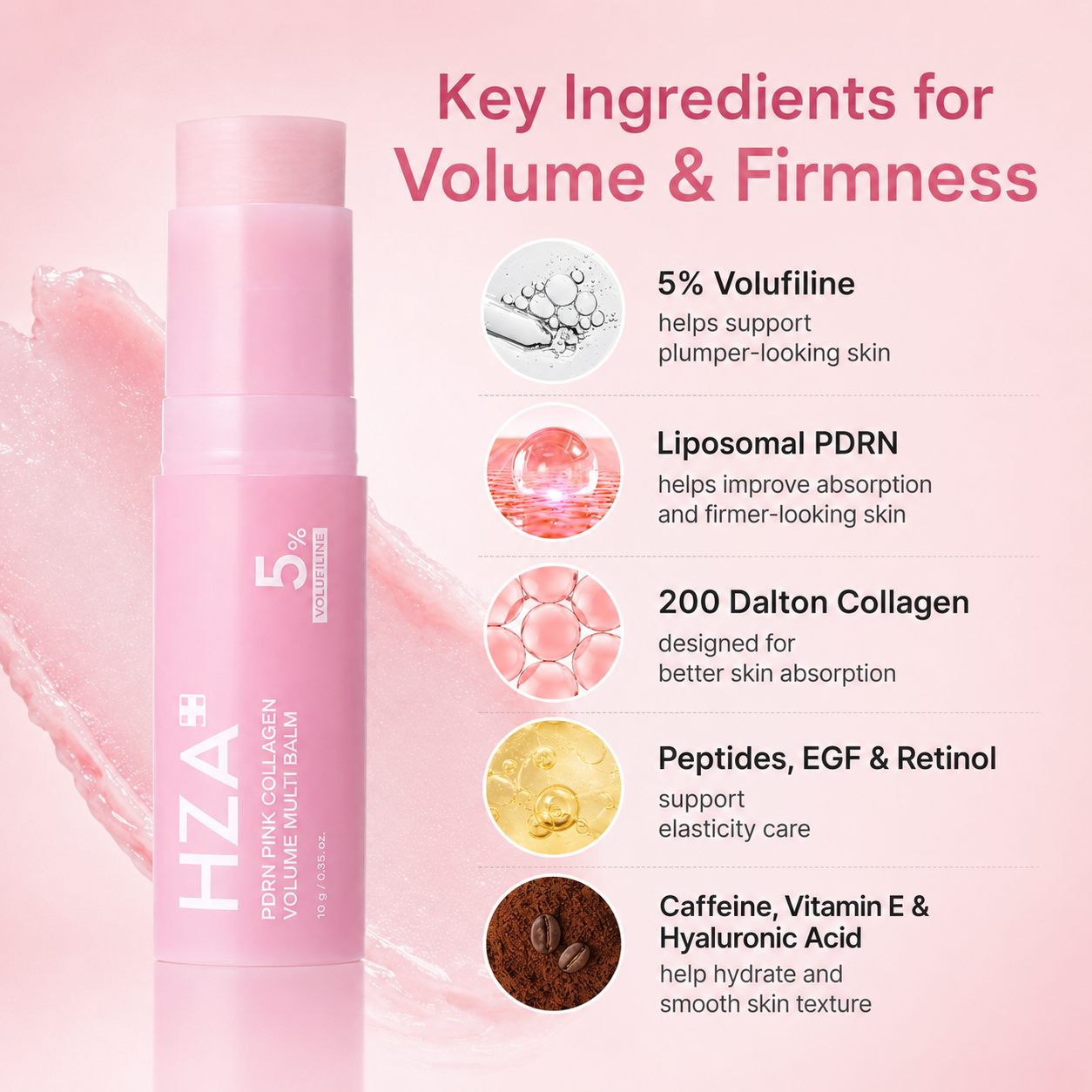 HZA PDRN Pink Collagen Volume Multi Balm Stick – 5% Volufiline All-in-One Firming Balm for Under-Eyes, Lips, Neck & Smile Lines