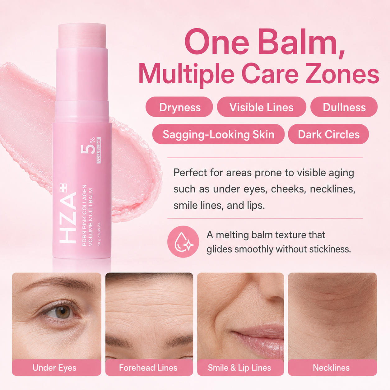 HZA PDRN Pink Collagen Volume Multi Balm Stick – 5% Volufiline All-in-One Firming Balm for Under-Eyes, Lips, Neck & Smile Lines