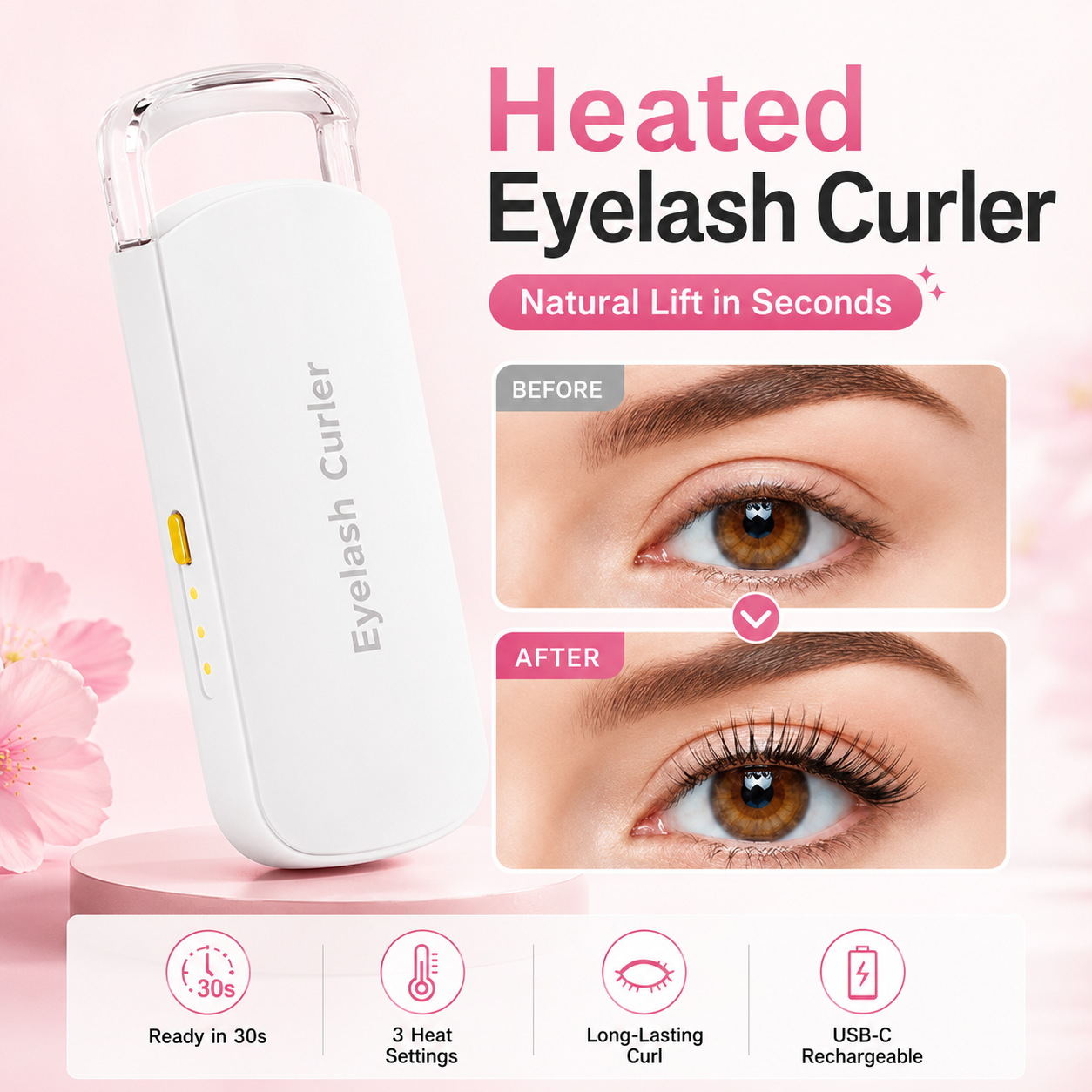 Heated Eyelash Curler with Heat-Sensitive Silicone Pad – USB-C Rechargeable, Fast Gentle Lift & Long-Lasting Curl