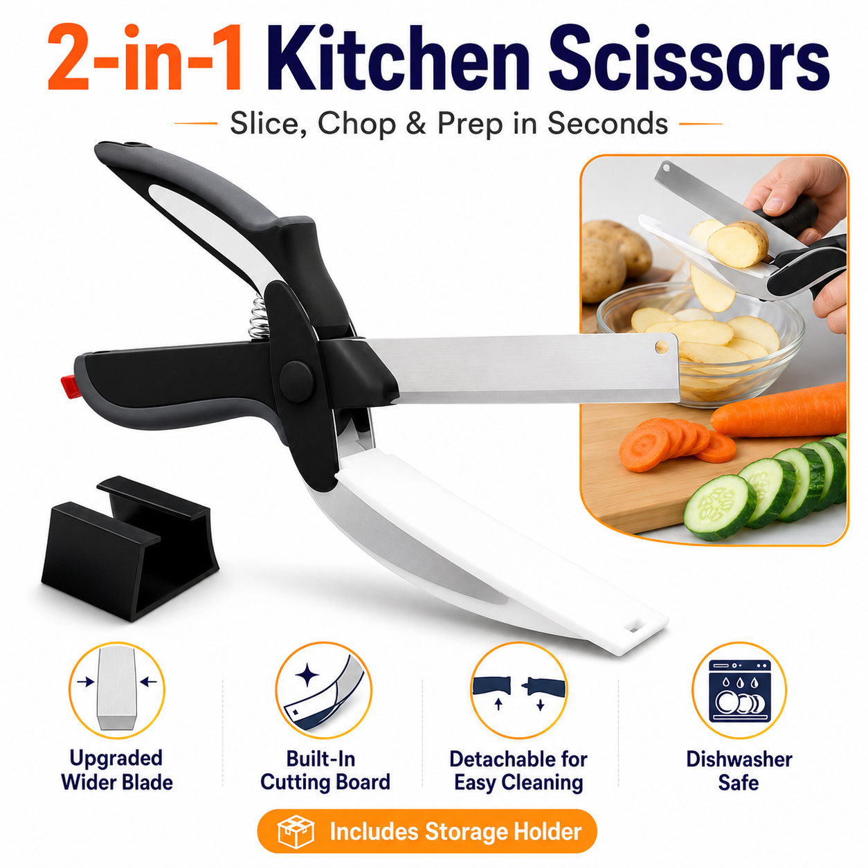 2-in-1 Kitchen Scissors with Stainless Steel Blade & Built-In Cutting Board – Easy Food Prep Shears for Vegetables, Fruit, Meat, Cheese & Tomatoes