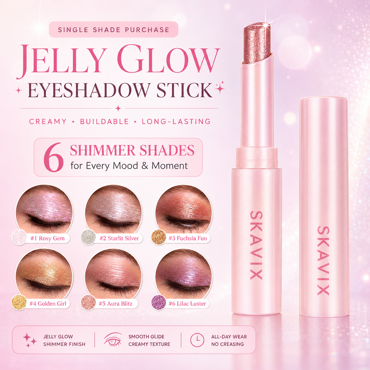 SKAVIX Jelly Glow Eyeshadow Stick – Creamy Shimmer Eyeshadow Crayon, Long-Lasting Sparkle Makeup