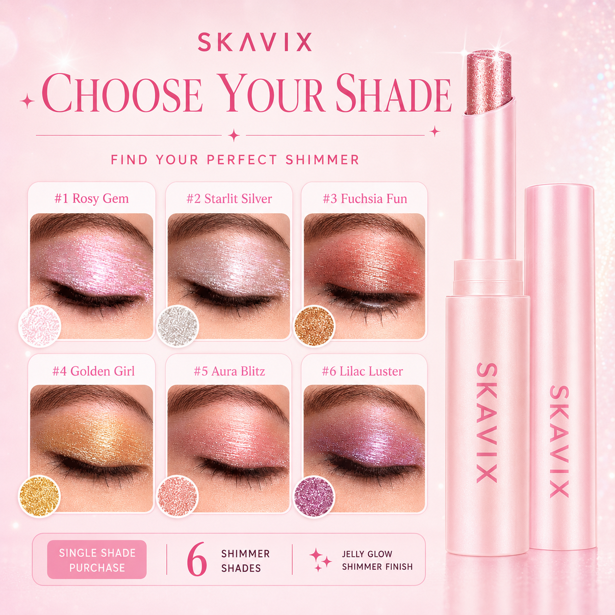 SKAVIX Jelly Glow Eyeshadow Stick – Creamy Shimmer Eyeshadow Crayon, Long-Lasting Sparkle Makeup