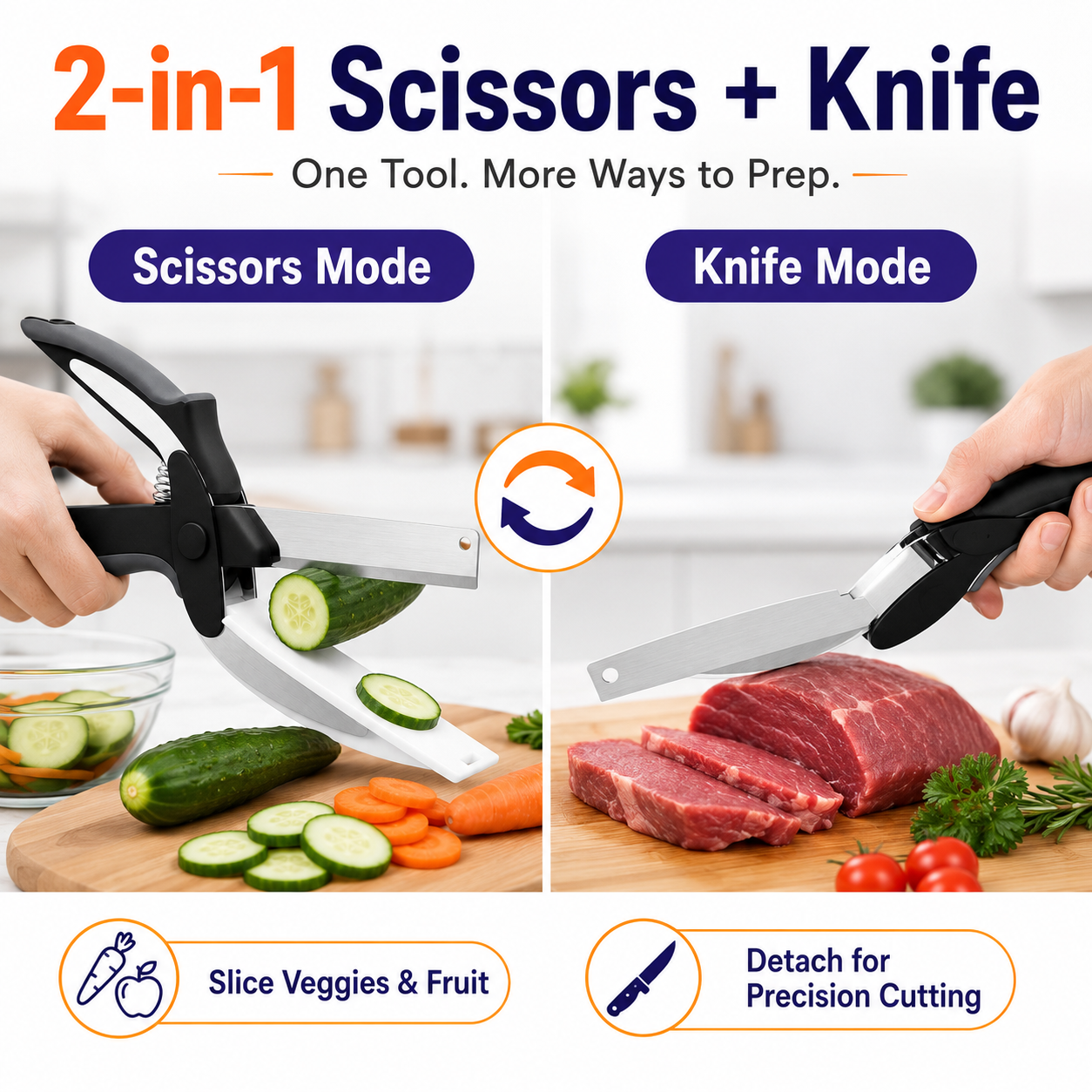 2-in-1 Kitchen Scissors with Stainless Steel Blade & Built-In Cutting Board – Easy Food Prep Shears for Vegetables, Fruit, Meat, Cheese & Tomatoes