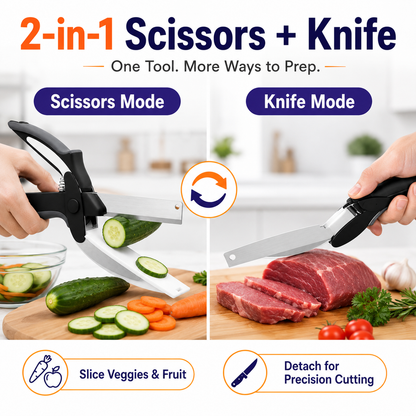 2-in-1 Kitchen Scissors with Stainless Steel Blade & Built-In Cutting Board – Easy Food Prep Shears for Vegetables, Fruit, Meat, Cheese & Tomatoes