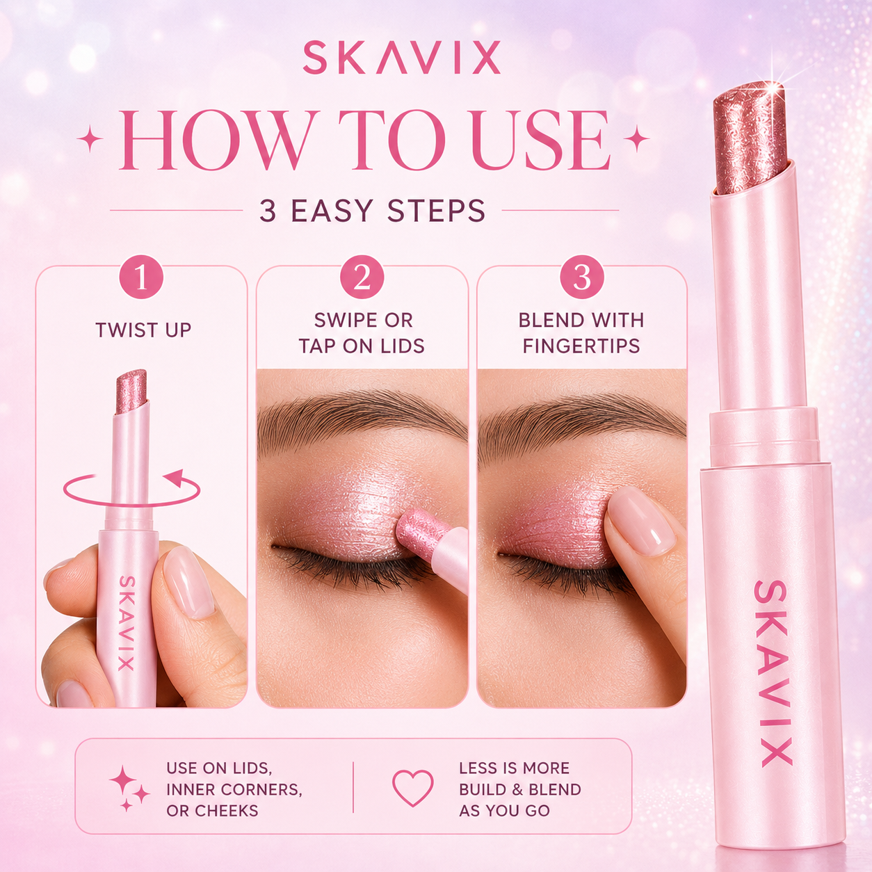 SKAVIX Jelly Glow Eyeshadow Stick – Creamy Shimmer Eyeshadow Crayon, Long-Lasting Sparkle Makeup