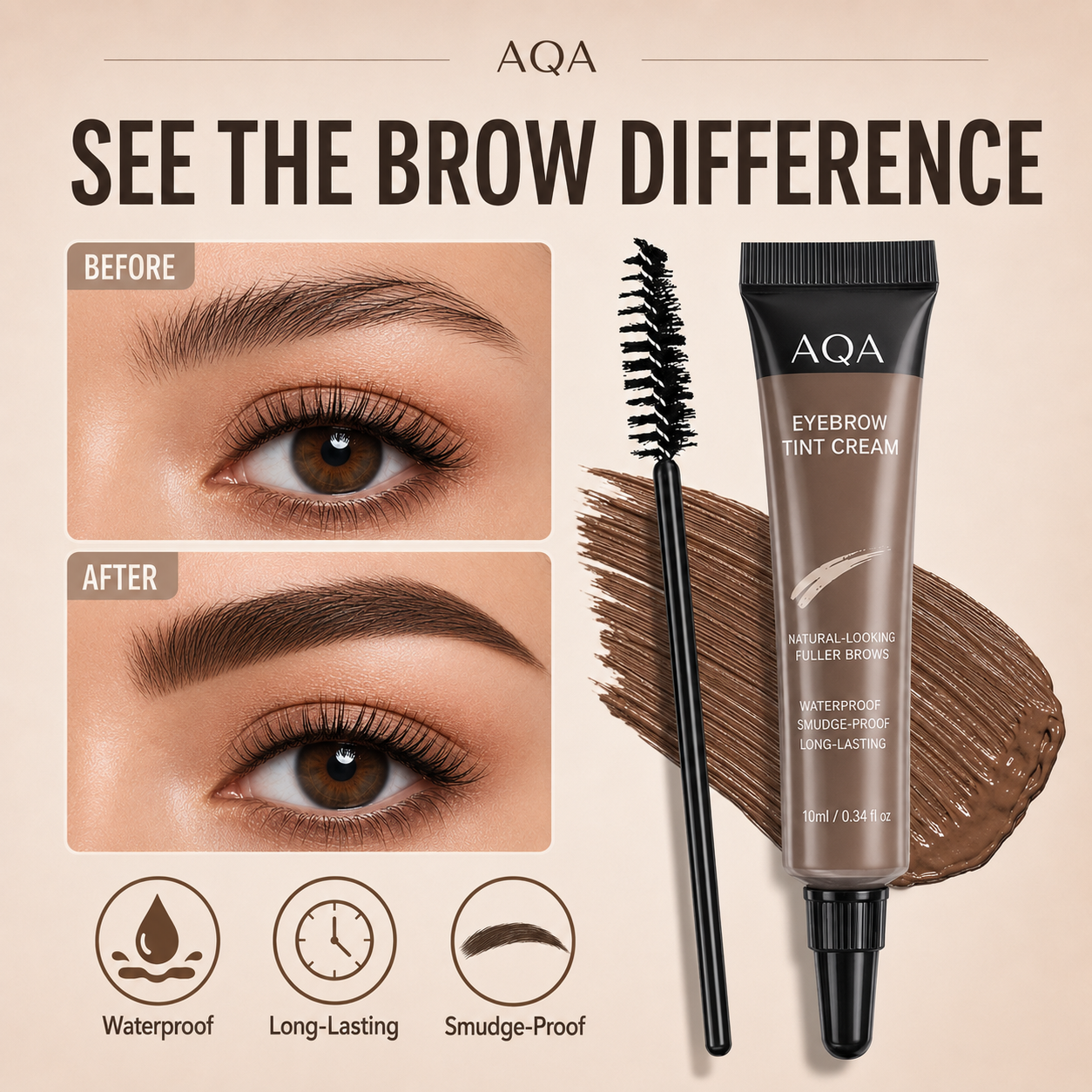 AQA Waterproof Brow Tint Cream Kit – Long-Lasting, Smudge-Resistant Eyebrow Color with Brush for Natural, Fuller-Looking Brows
