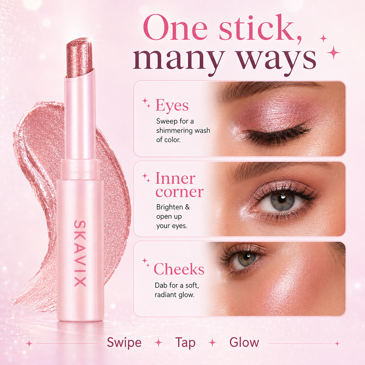 SKAVIX Jelly Glow Eyeshadow Stick – Creamy Shimmer Eyeshadow Crayon, Long-Lasting Sparkle Makeup