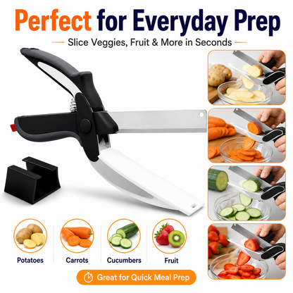 2-in-1 Kitchen Scissors with Stainless Steel Blade & Built-In Cutting Board – Easy Food Prep Shears for Vegetables, Fruit, Meat, Cheese & Tomatoes