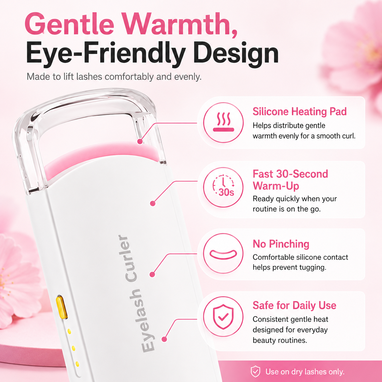 Heated Eyelash Curler with Heat-Sensitive Silicone Pad – USB-C Rechargeable, Fast Gentle Lift & Long-Lasting Curl