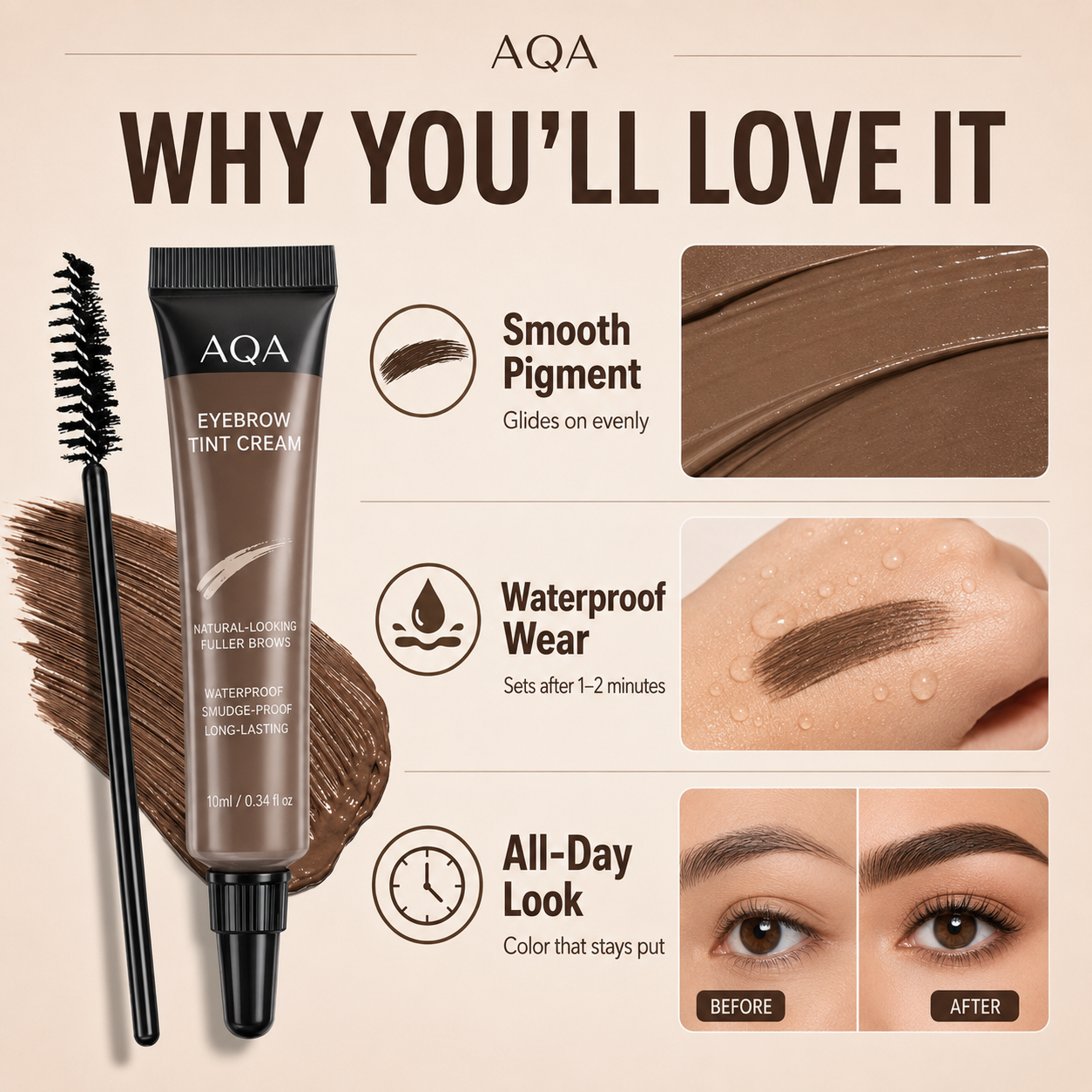 AQA Waterproof Brow Tint Cream Kit – Long-Lasting, Smudge-Resistant Eyebrow Color with Brush for Natural, Fuller-Looking Brows