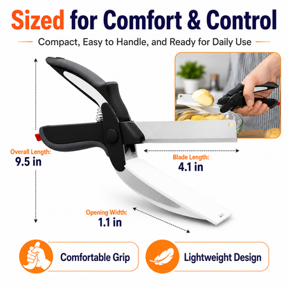 2-in-1 Kitchen Scissors with Stainless Steel Blade & Built-In Cutting Board – Easy Food Prep Shears for Vegetables, Fruit, Meat, Cheese & Tomatoes