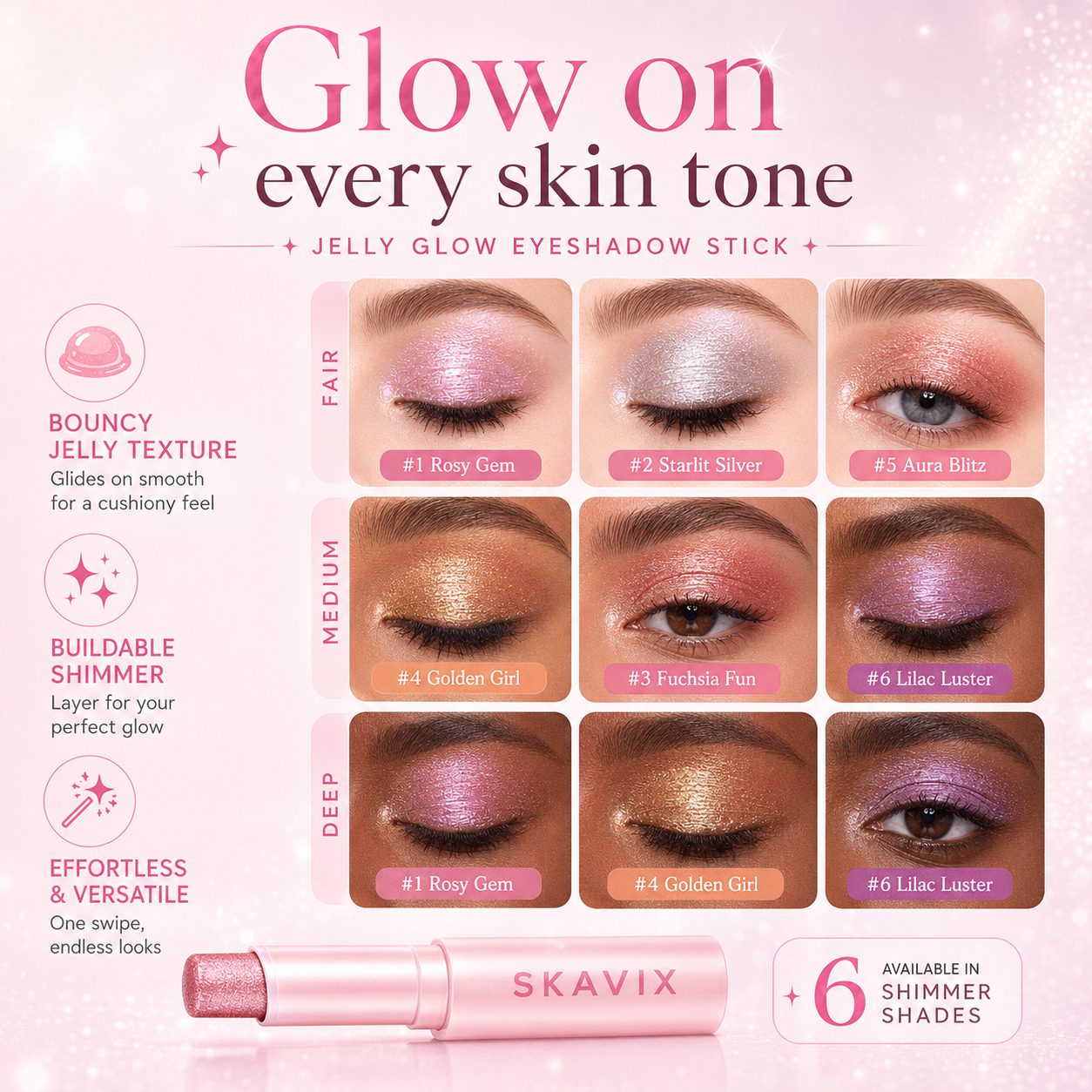 SKAVIX Jelly Glow Eyeshadow Stick – Creamy Shimmer Eyeshadow Crayon, Long-Lasting Sparkle Makeup